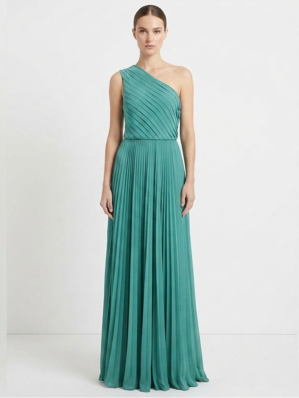 Halston Heritage One Shoulder Pleated Maxi Chiffon Gown Teal Green Size 4 $792